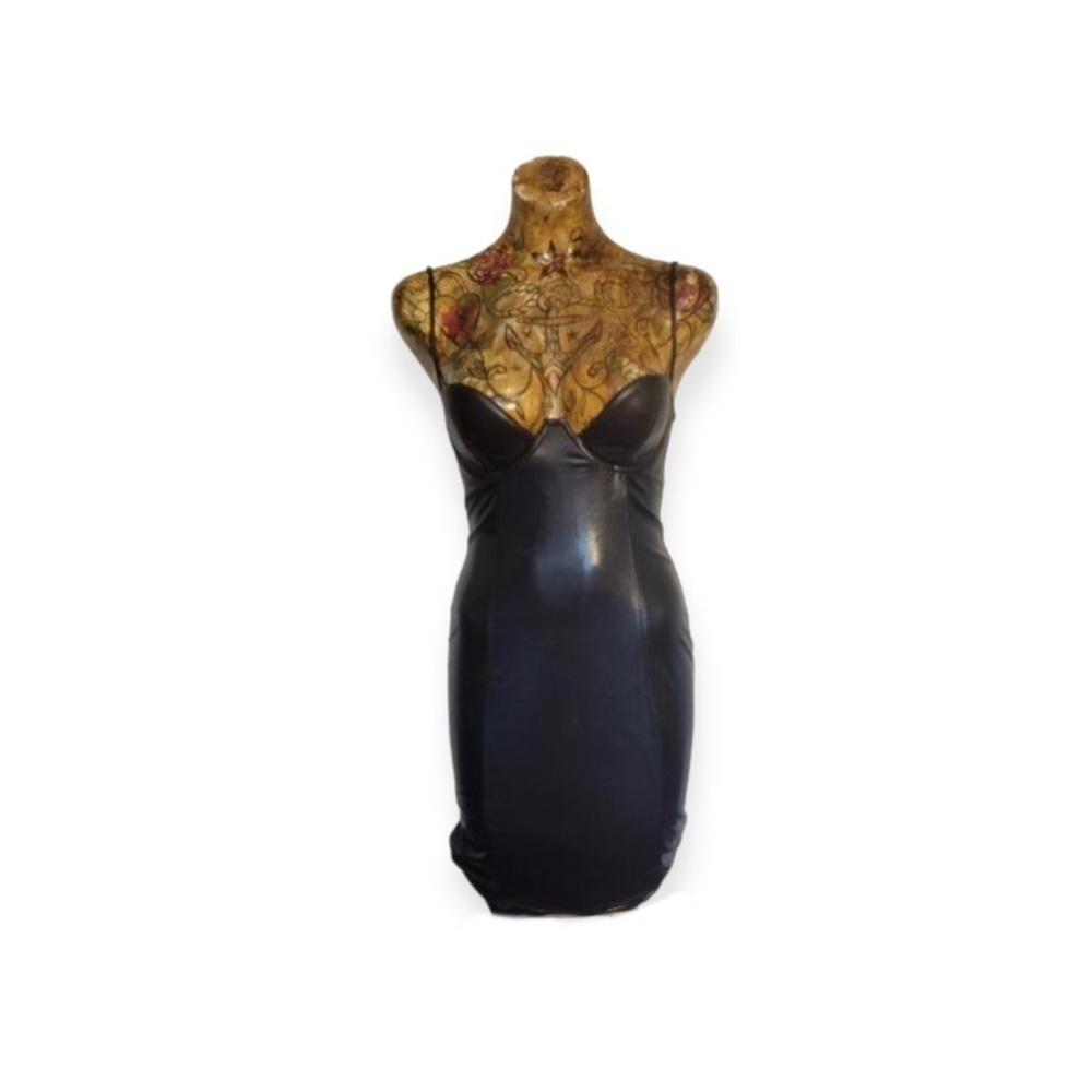 Rare London black bodycon dress pleather Small US 4 - Picture 1 of 7